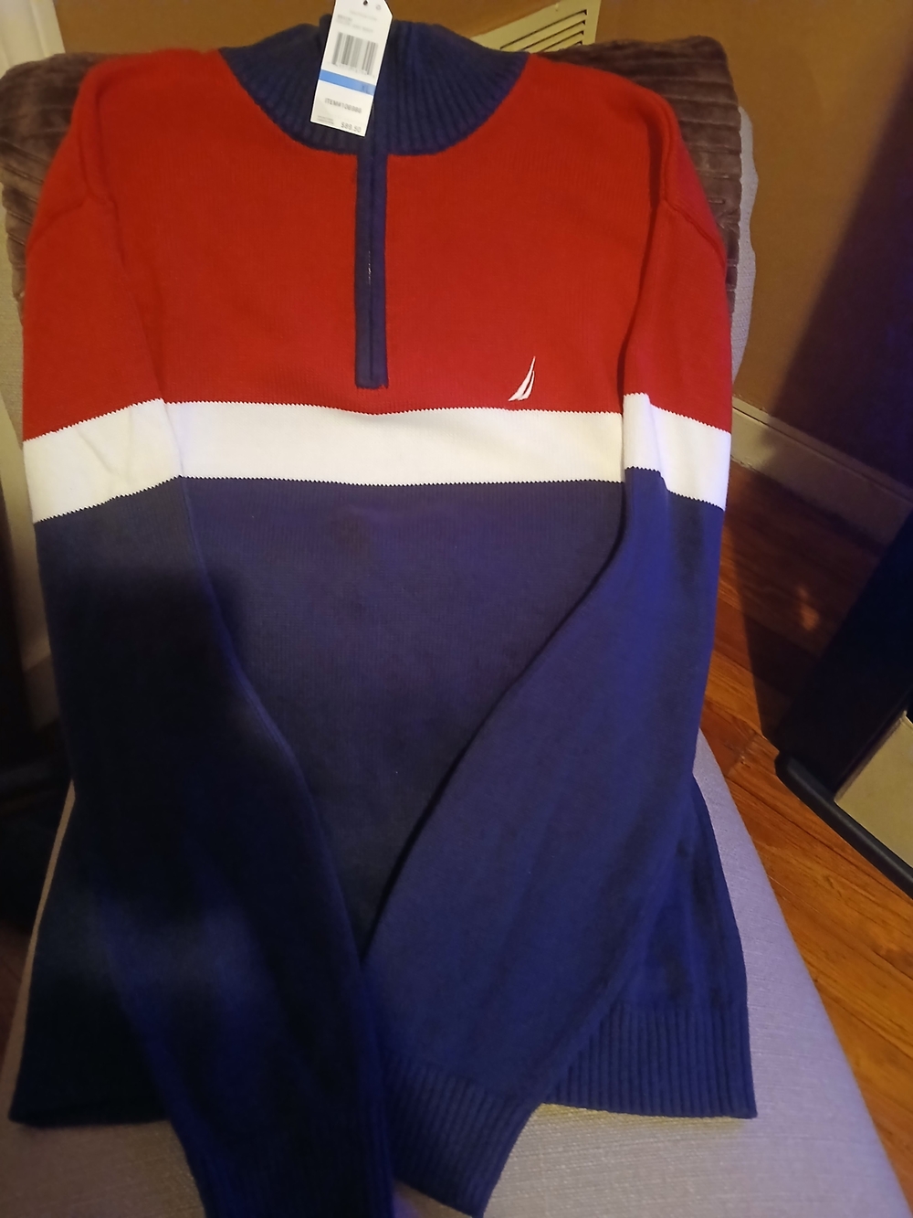 Nautica Men's Red Navy White Colorblock Half-Zip Sweater